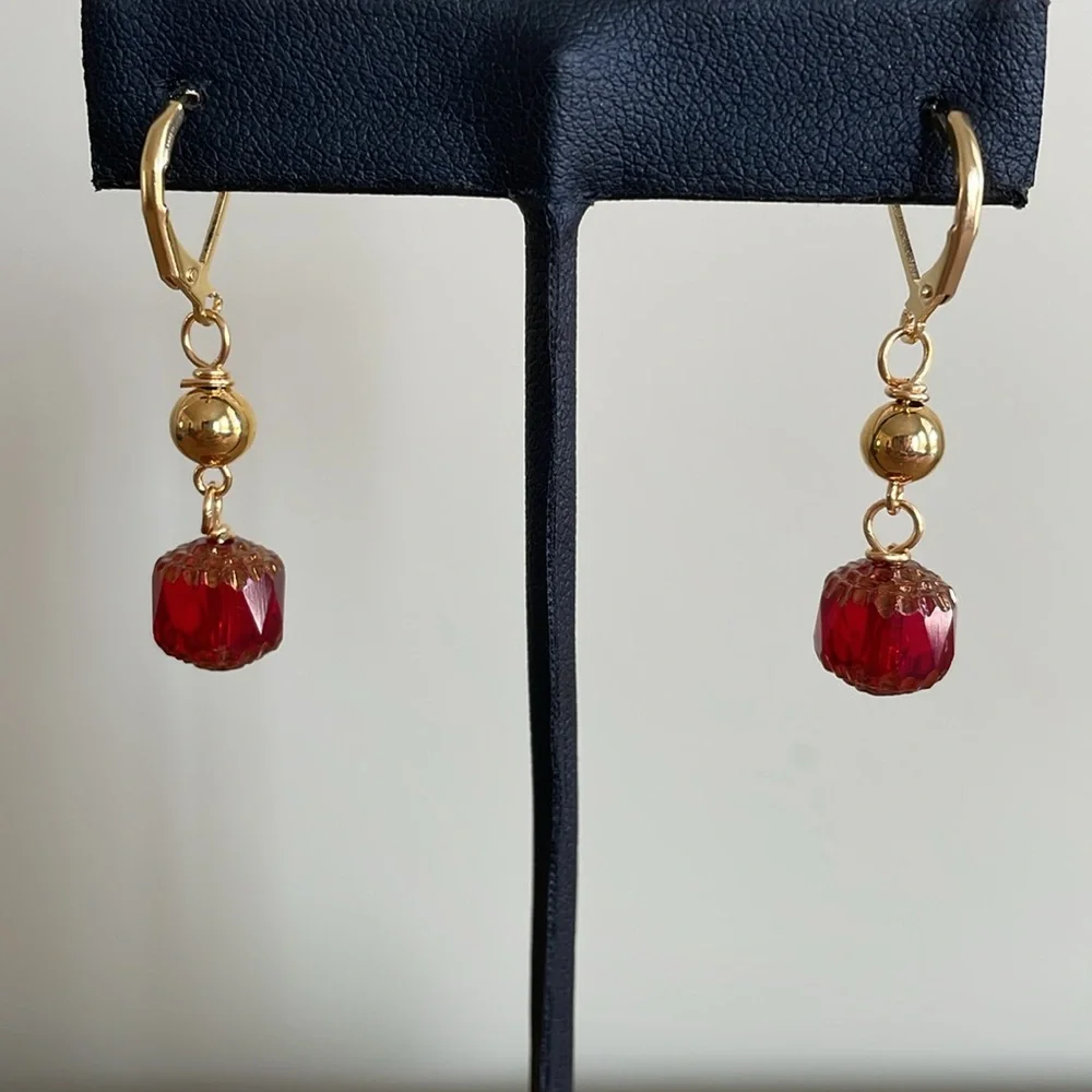 HAND CRAFTED PIERCED EARRINGS Red Cathedral Beads Gold Beads Approximately 1.5”